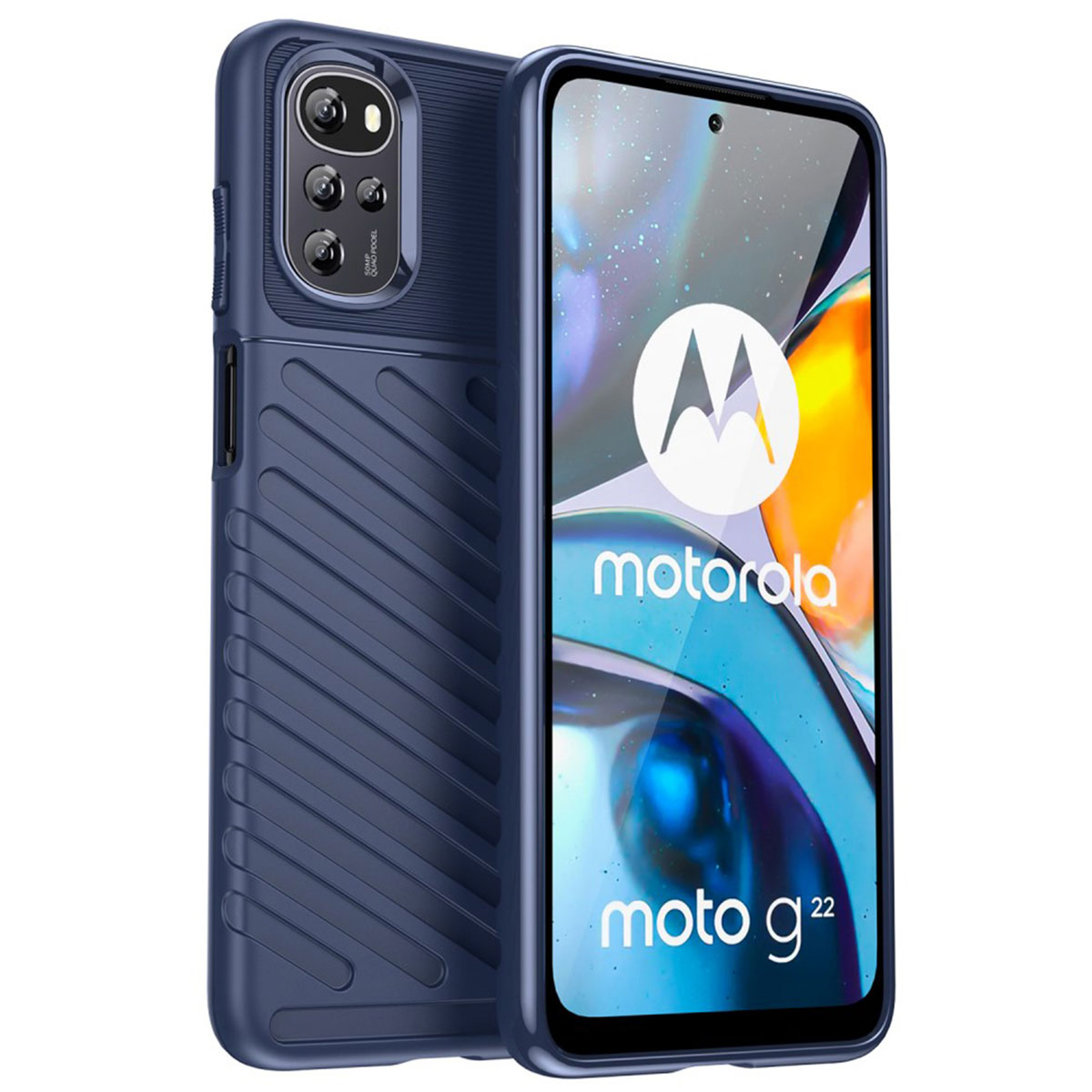 Coque de téléphone bleu foncé, dos texturé, avec logo Motorola.