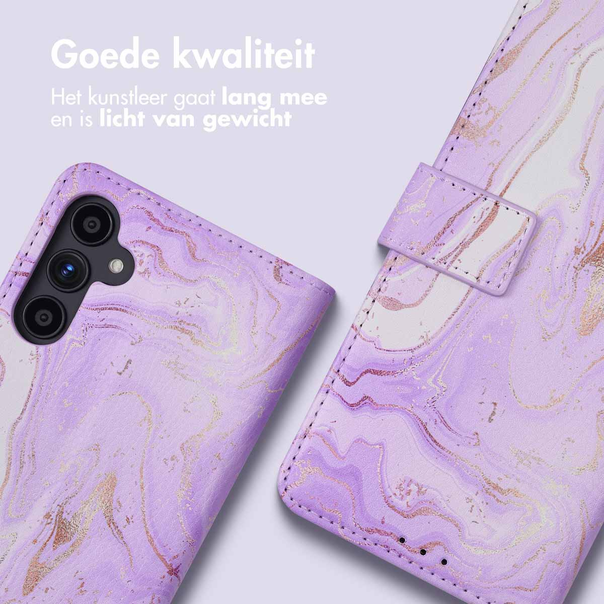 Étui de téléphone marbre violet avec zone caméra et fermeture à sangle.