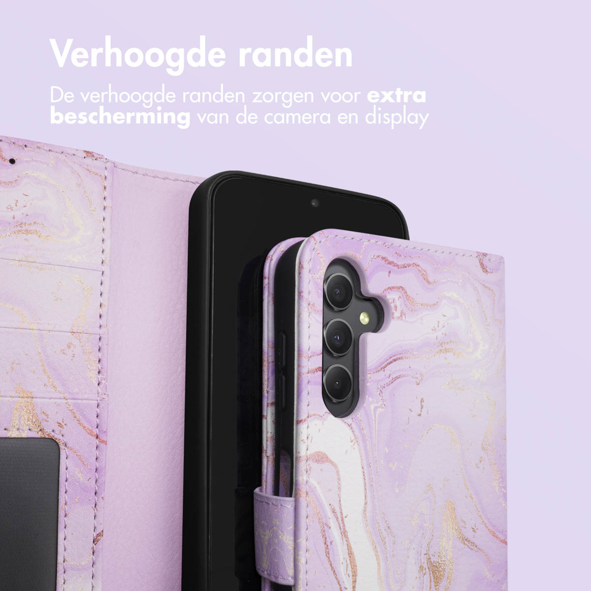Étui téléphone marbre violet avec bord surélevé pour appareil photo.