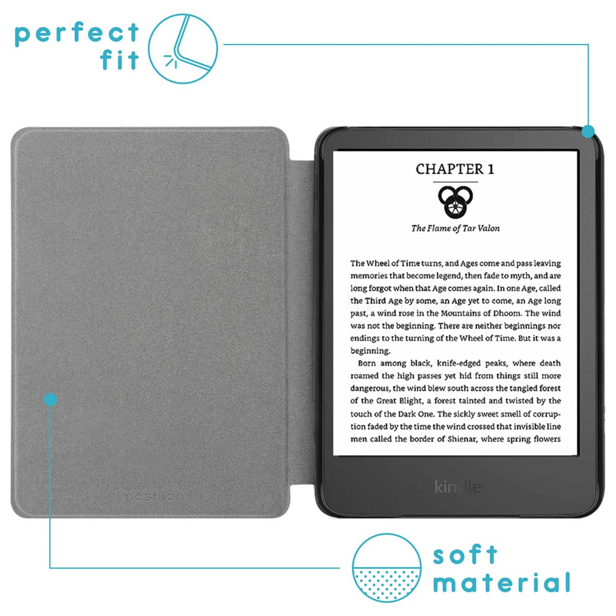 An e-reader is in a grey case and shows a book open. The case is open.