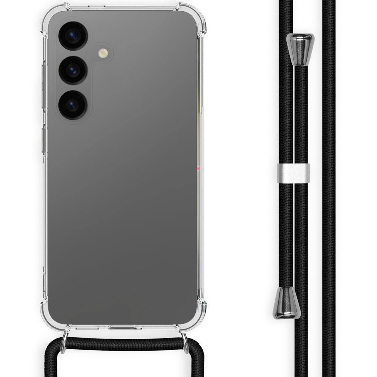 Transparante telefoonhoes met zwart koord en zilveren uiteinden, met een telefoon.