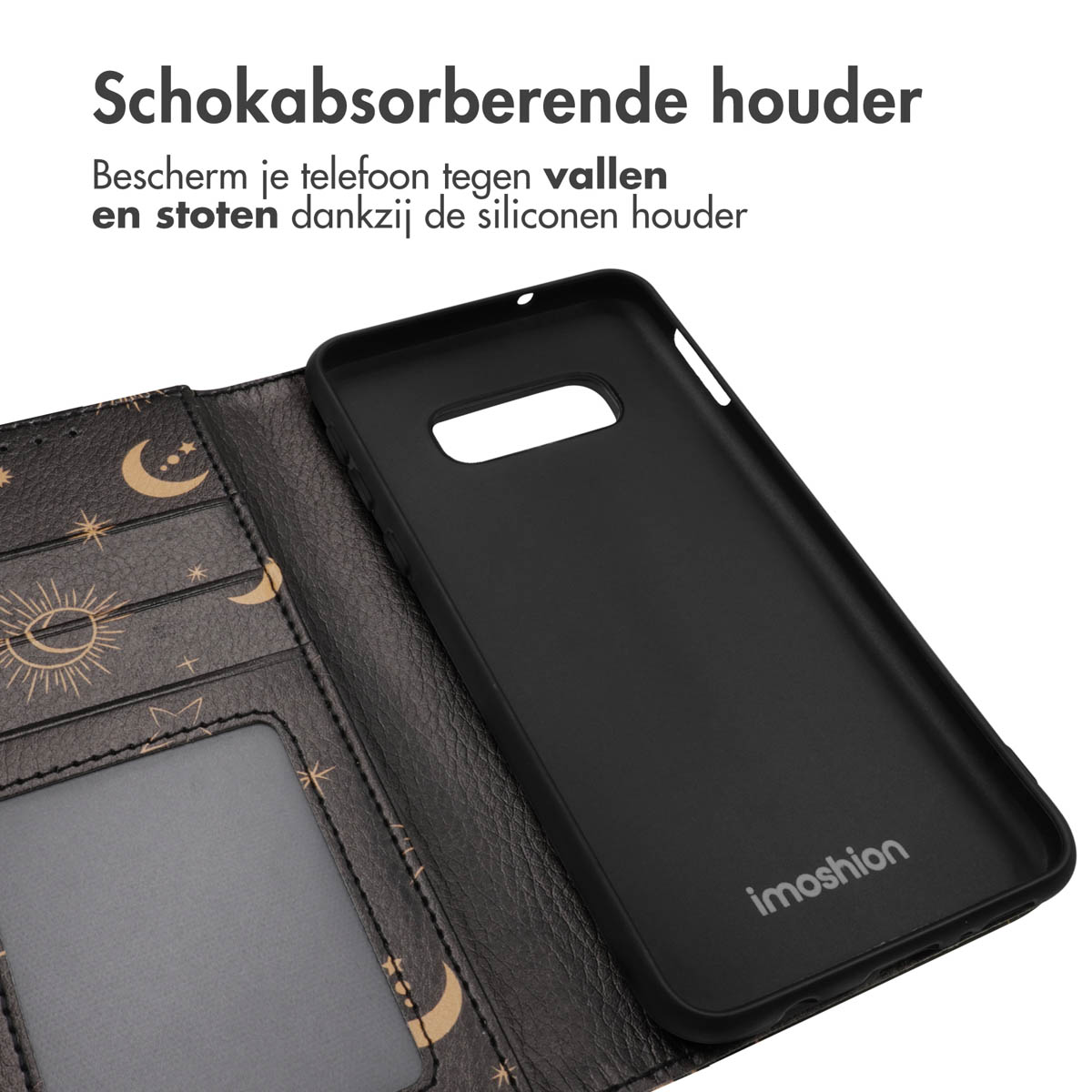 Intérieur d'étui de téléphone noir avec un support de téléphone noir. L'étui est ouvert.