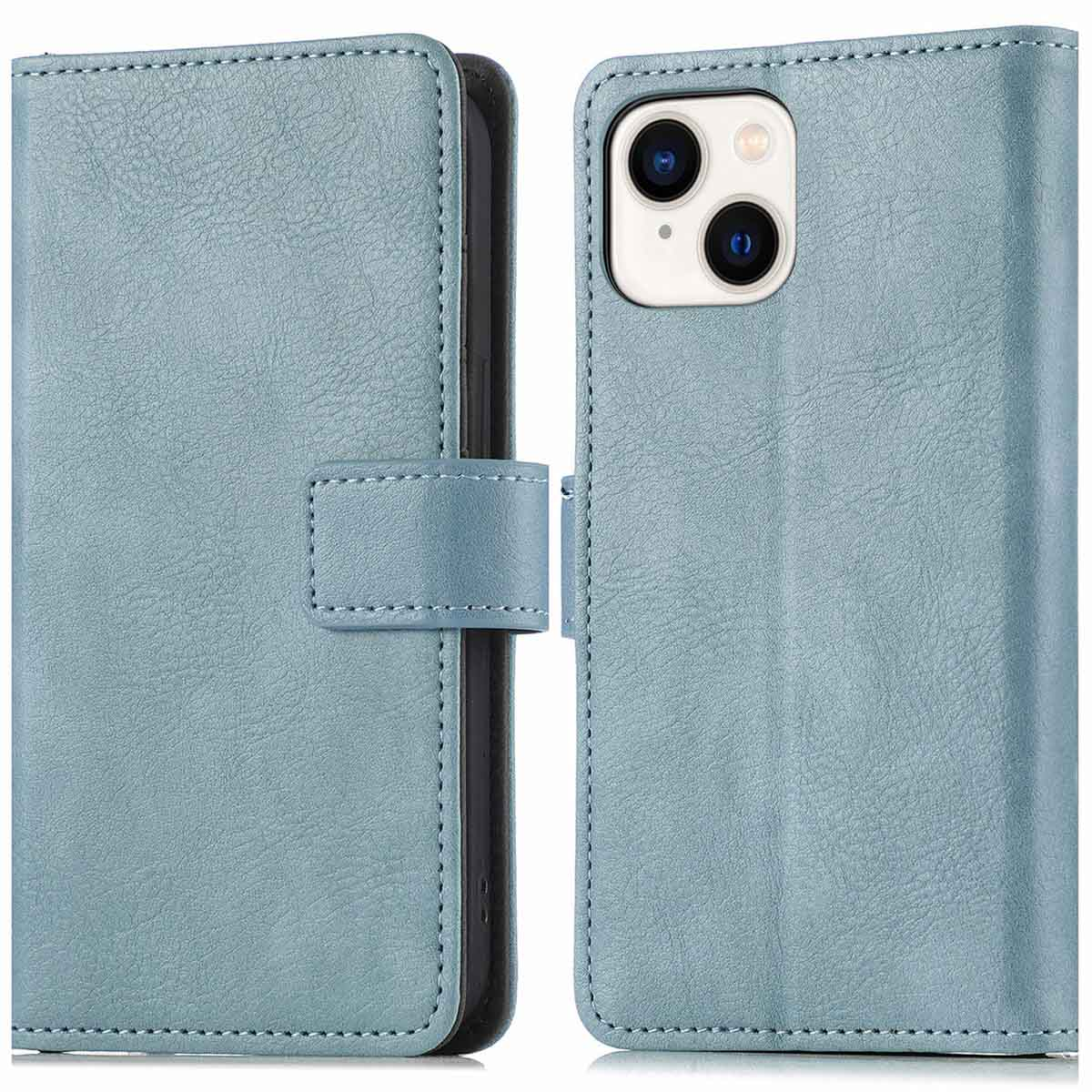 Étui de téléphone en cuir bleu clair, ouvert pour révéler le téléphone. L'étui a une fermeture et des bords cousus.