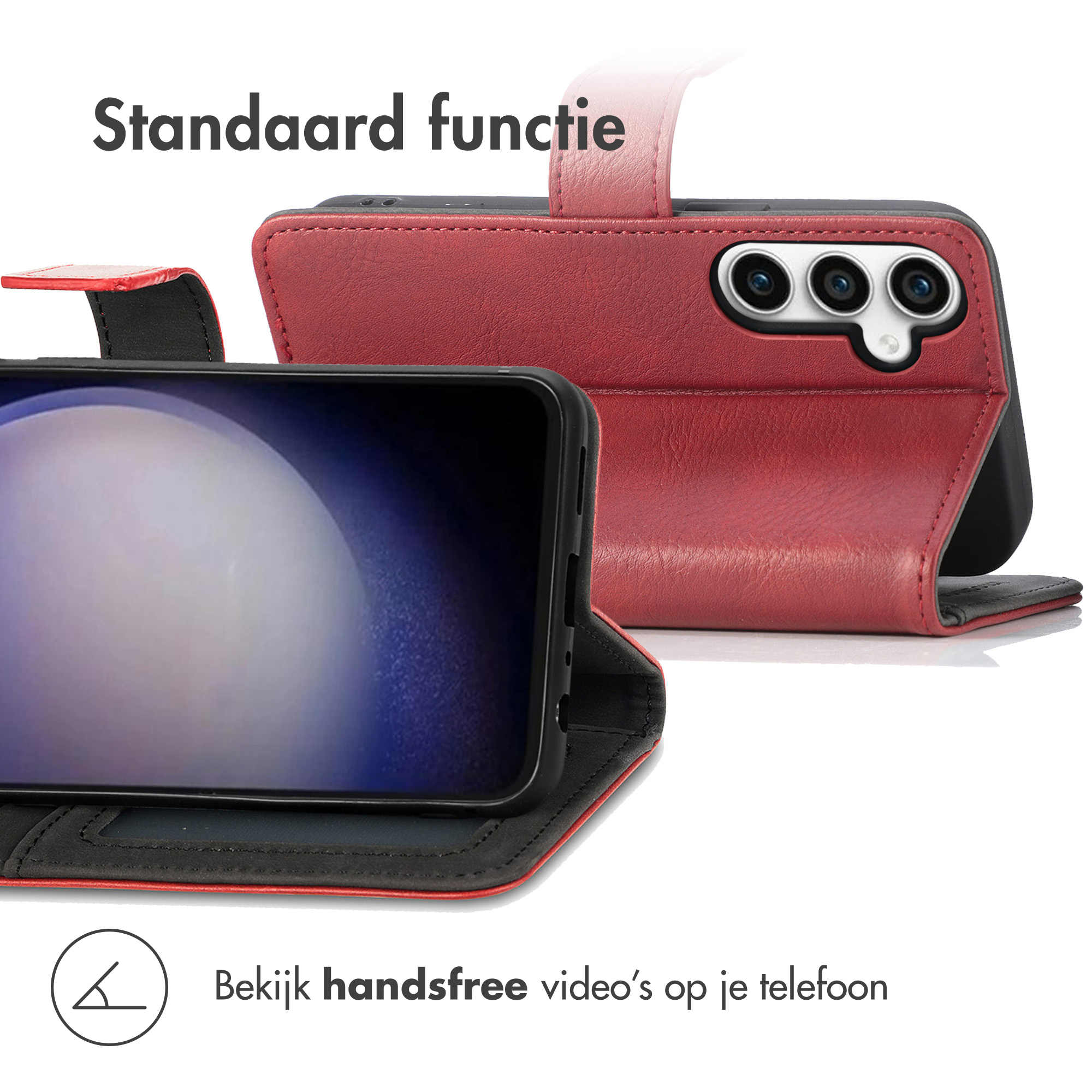 Rode telefoonhoes met standaardfunctie en camera-opening.