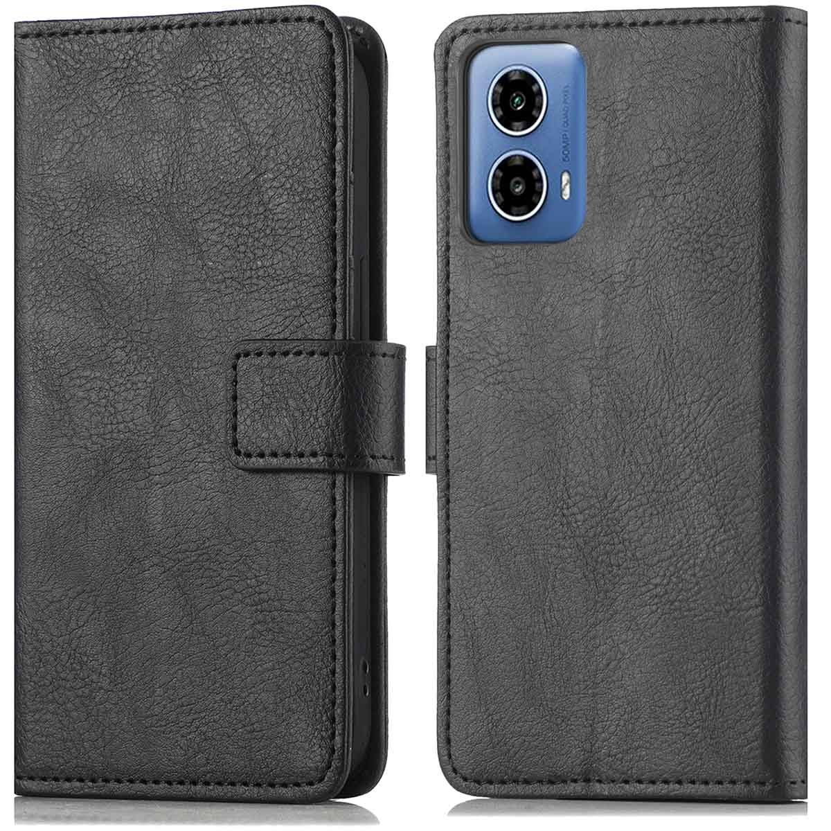 Zwarte telefoonhoes met een telefoon erin. De telefoon heeft meerdere camera's.