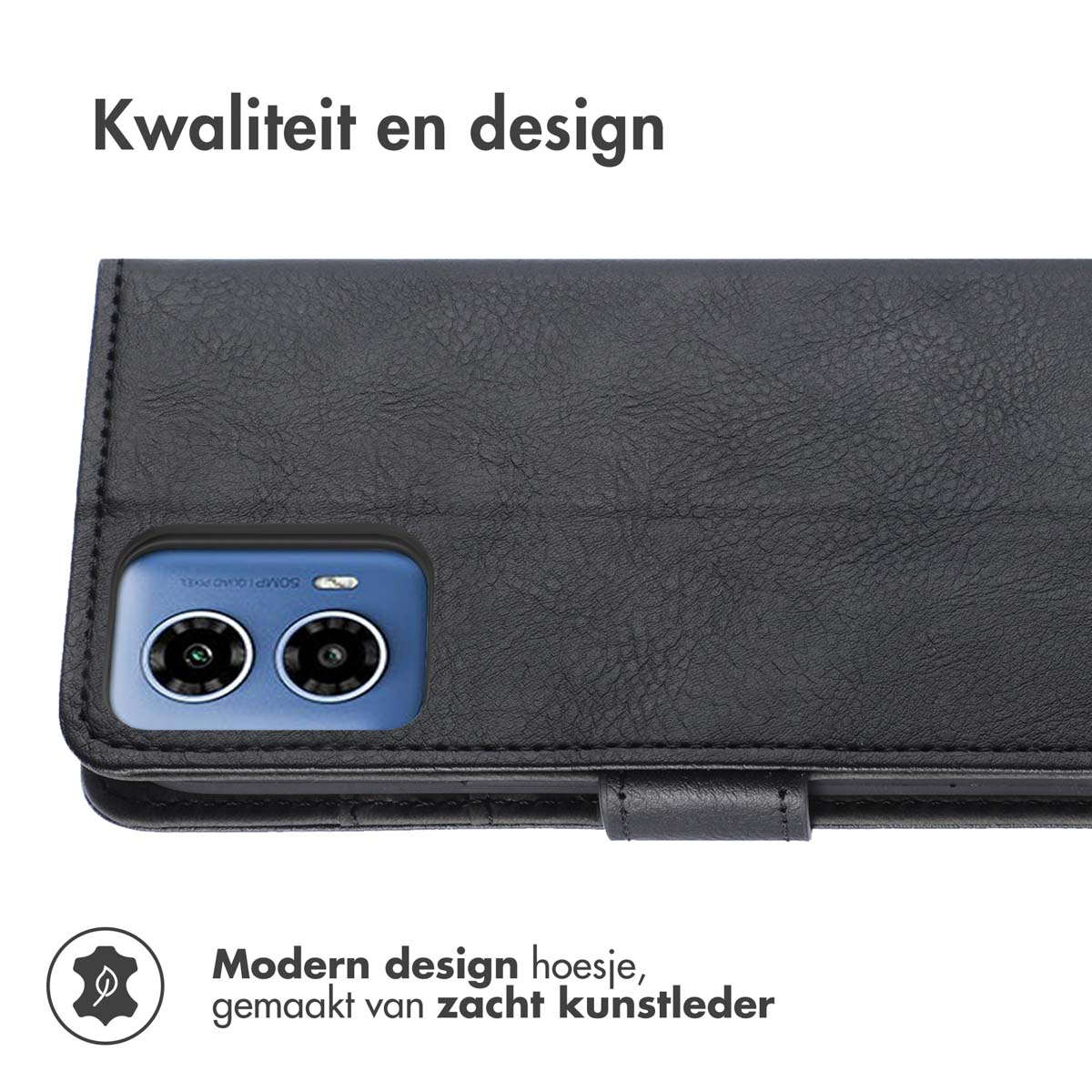 Zwarte telefoonhoes, open, met telefoon. Toont camera en scherm.