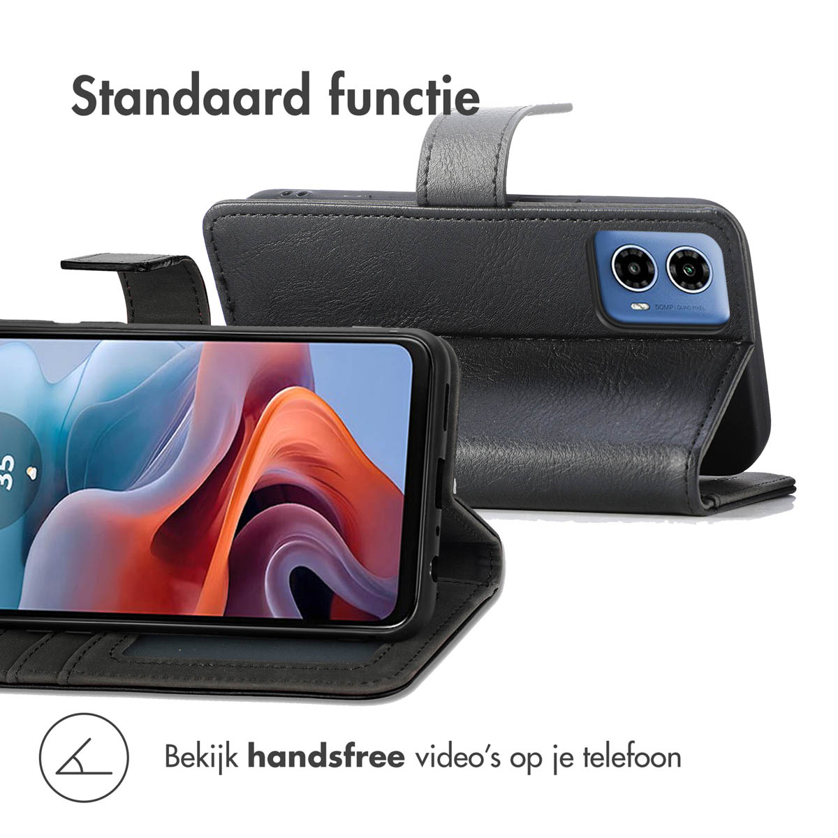 Zwarte telefoon flip case met dubbele camera en scherm.