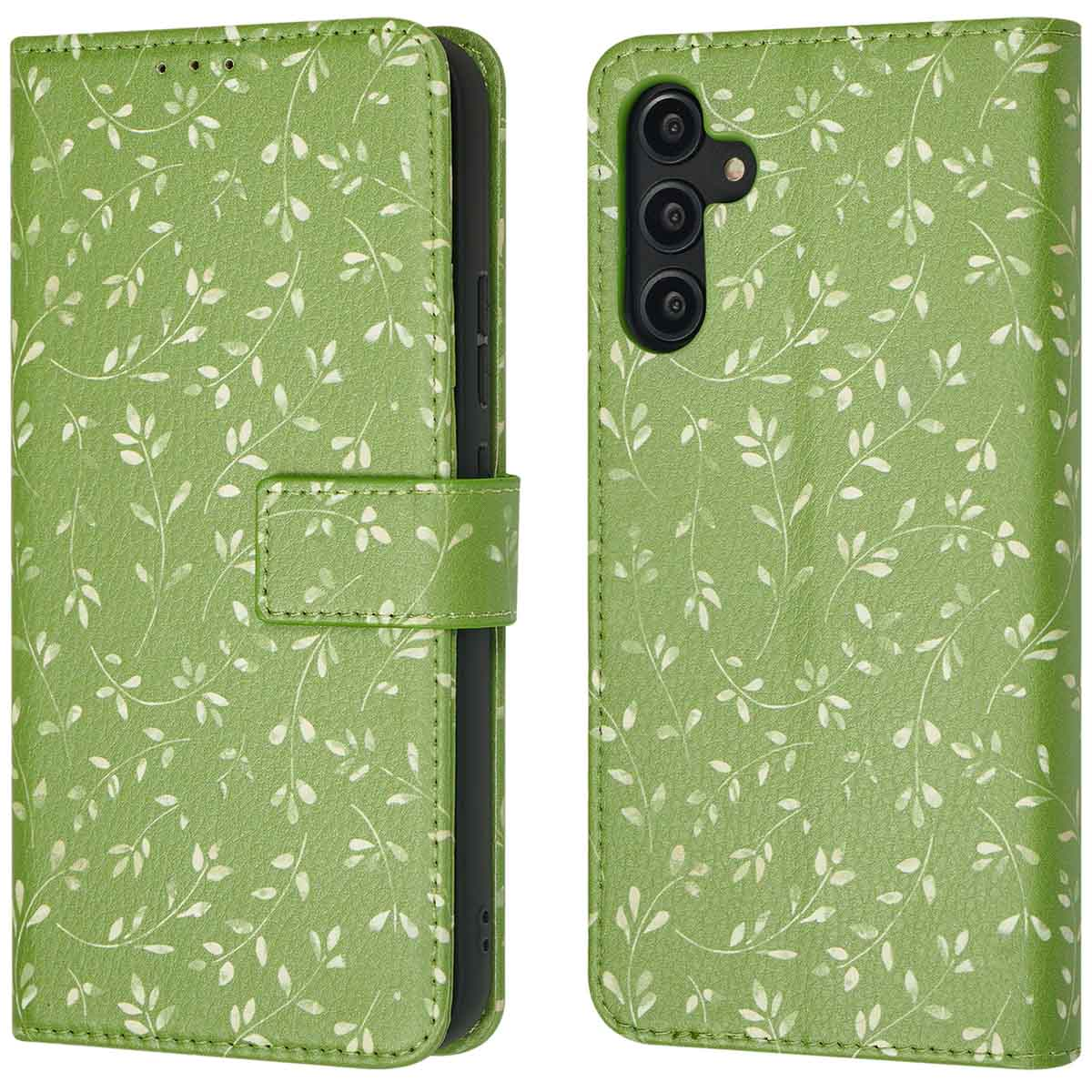 Groen telefoonhoesje met bladerpatroon, open en gesloten.
