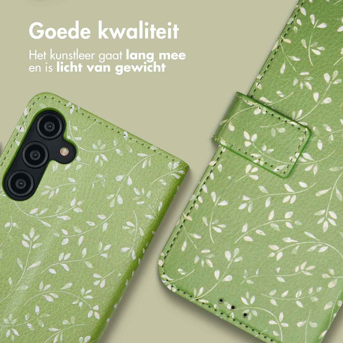 Groene telefoonhoes met wit bladerpatroon en cameramodule.