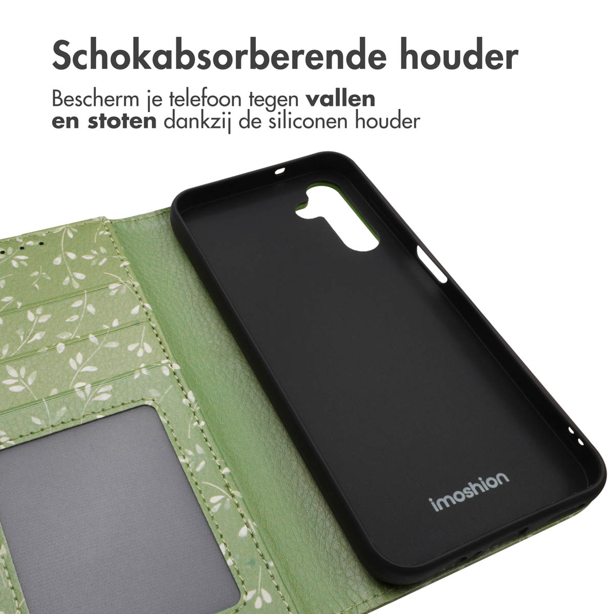 Groene telefoonhoes met bloemenpatroon en zwarte inzet voor smartphone.