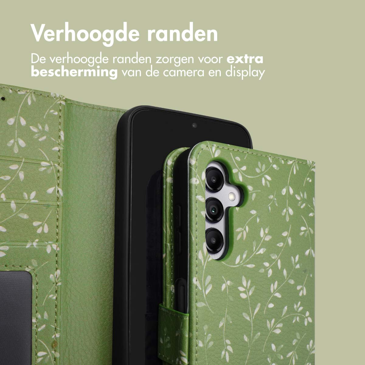 Groene telefoonhoes met bladerpatroon, met verhoogde randen voor camerabescherming.