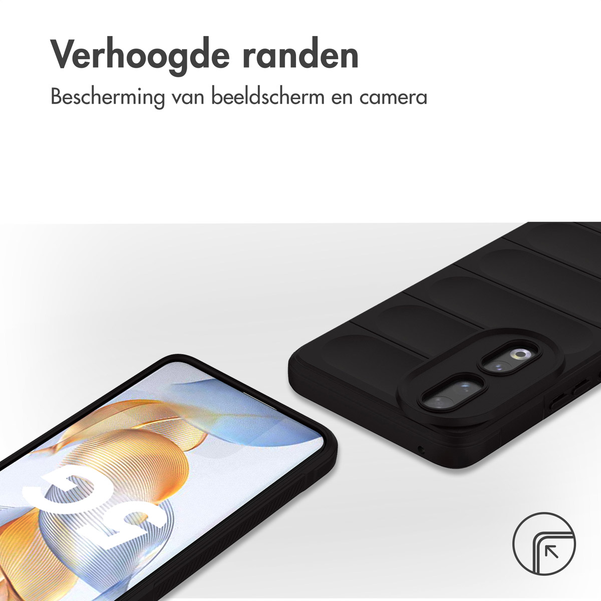 Coque de téléphone noire à bords surélevés protégeant un smartphone.