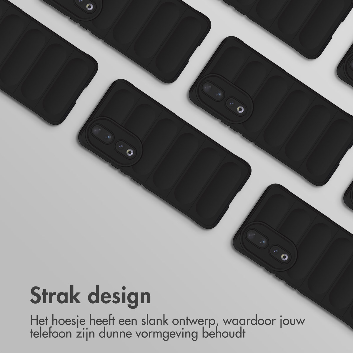 Plusieurs coques de téléphone noires avec des rainures verticales et une découpe caméra.