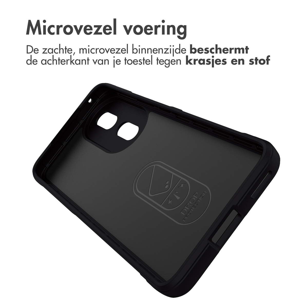 Intérieur d'une coque de téléphone noire. La coque est ouverte, montrant l'intérieur. Fond noir.