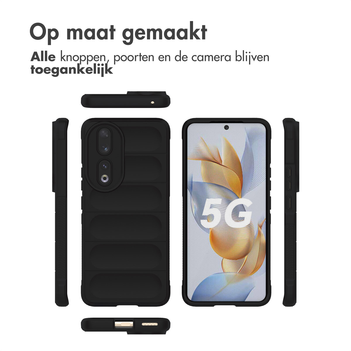 Coque de téléphone noire sous différents angles, avec un téléphone 5G.