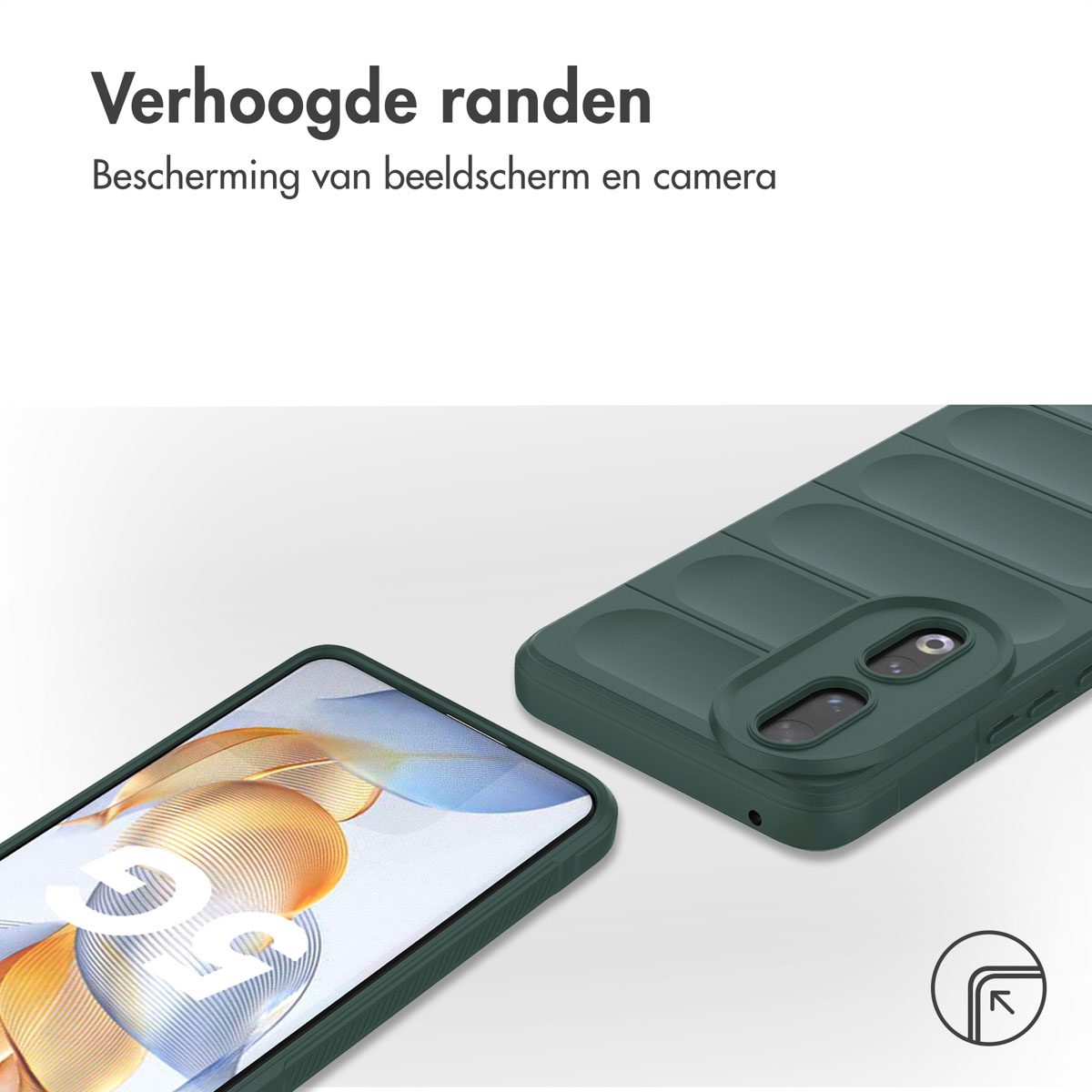 Coque verte sur téléphone. Texte : Bords surélevés. Protection de l'écran et de la caméra.