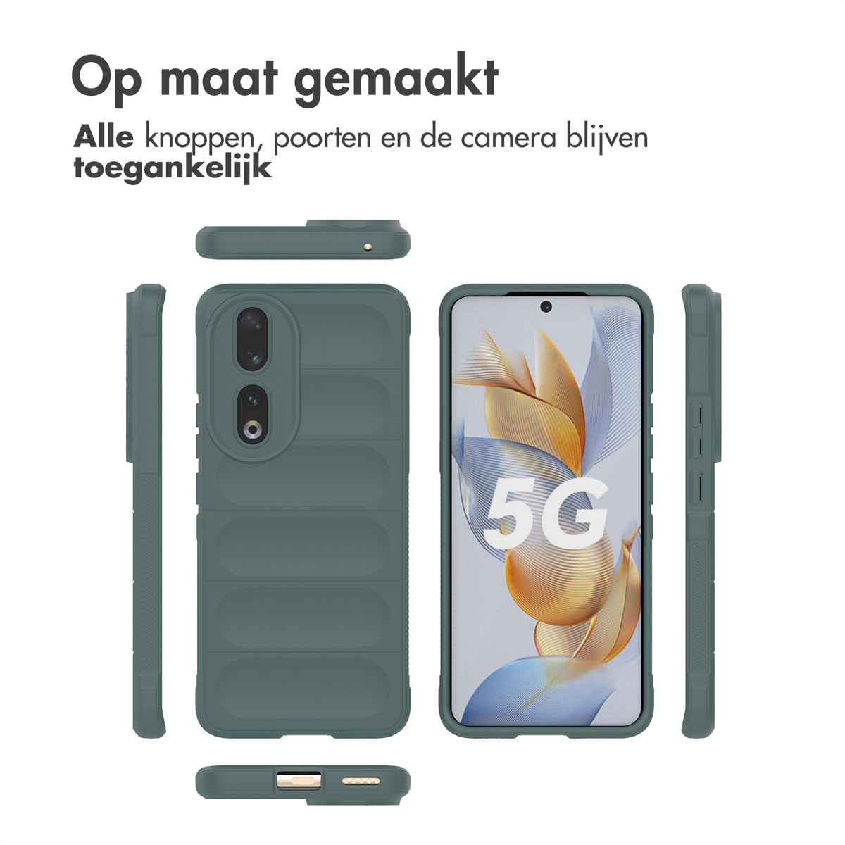 Coque de téléphone verte avec découpe caméra et côtés côtelés. Téléphone affiche logo 5G.