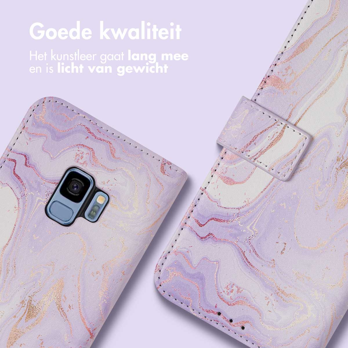 Paarse marmeren telefoonhoes met roségouden accenten, open en dicht.