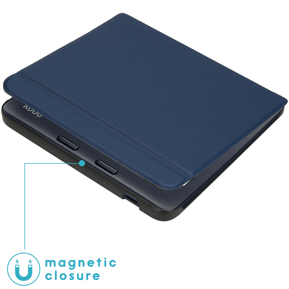 Une housse de tablette bleu foncé avec fermeture magnétique est montrée. La housse est ouverte, révélant la tablette à l'intérieur. Le texte dit 'fermeture magnétique'.