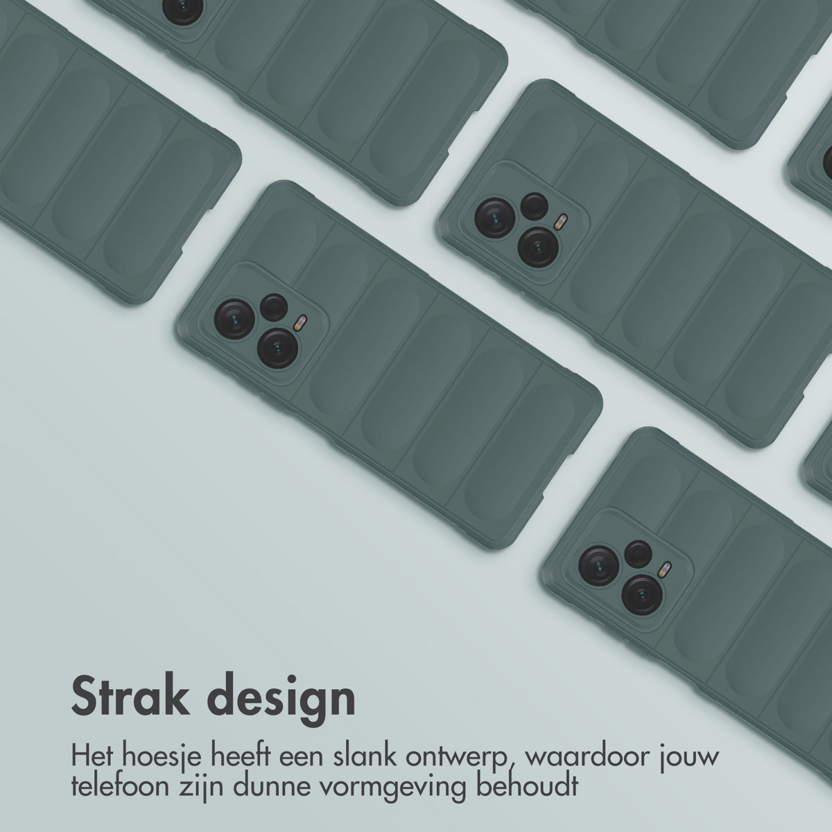 Meerdere donkergroene telefoonhoesjes met een ribbeldesign.