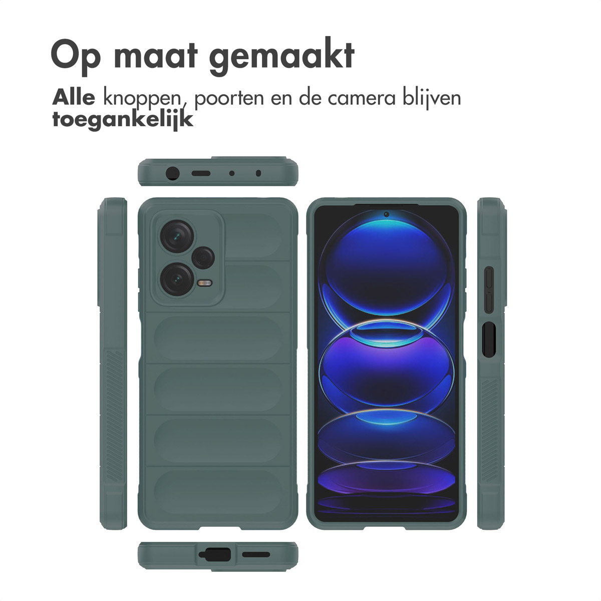 Groene telefoonhoes vanuit meerdere hoeken, voor- en achterkant.