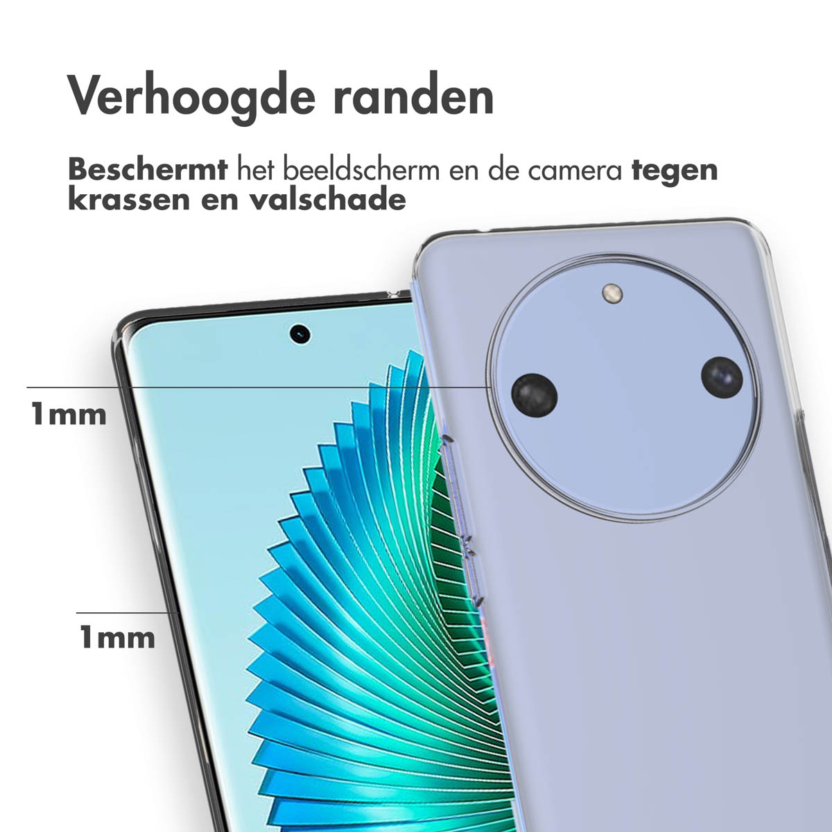 Un téléphone avec une coque transparente, montrant l'écran et un espace de 1 mm sur le côté.