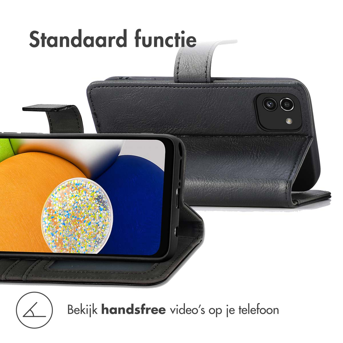 Étui en cuir noir ouvert, montrant un téléphone avec écran coloré et fonction support.
