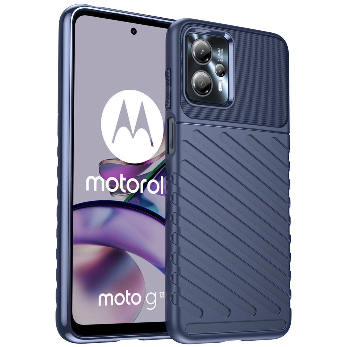 Un étui de téléphone avec un téléphone à l'intérieur. L'étui est bleu avec un design texturé et un logo Motorola.