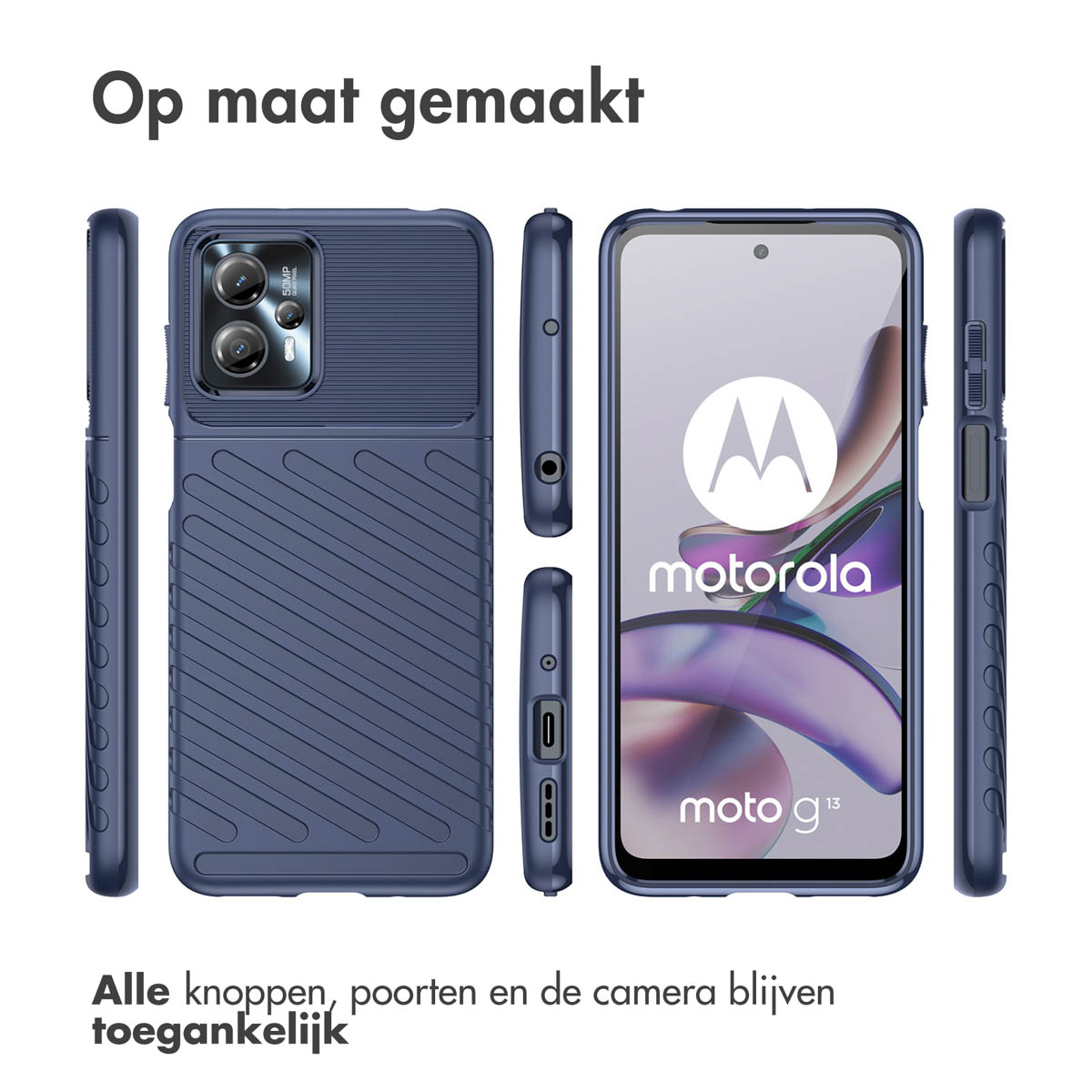 Coque bleue avec un téléphone, montrant l'écran et la caméra.