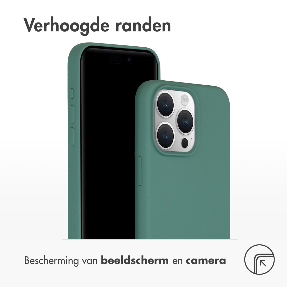 Twee smartphones in groene hoesjes. Eén toont het scherm, de ander de camera's. Tekst erboven zegt 'Verhoogde randen'.