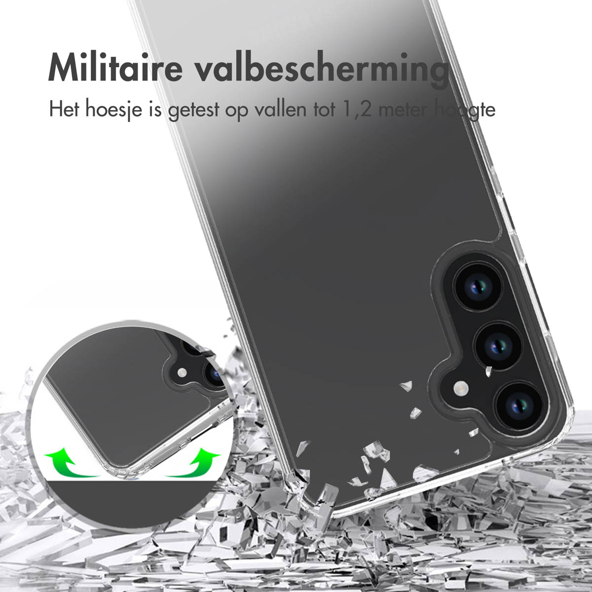 Una custodia per telefono con un telefono all'interno, con i danni da impatto mostrati in basso.