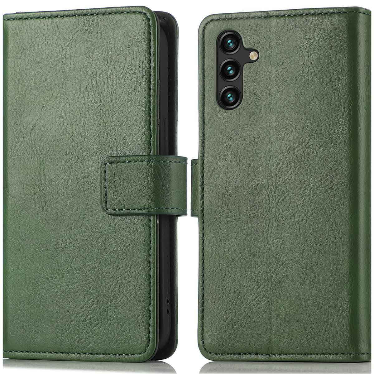 Groene leren telefoonhoes open. De linkerkant heeft een flap en sluiting. De rechterkant toont de cameralenzen van de telefoon.