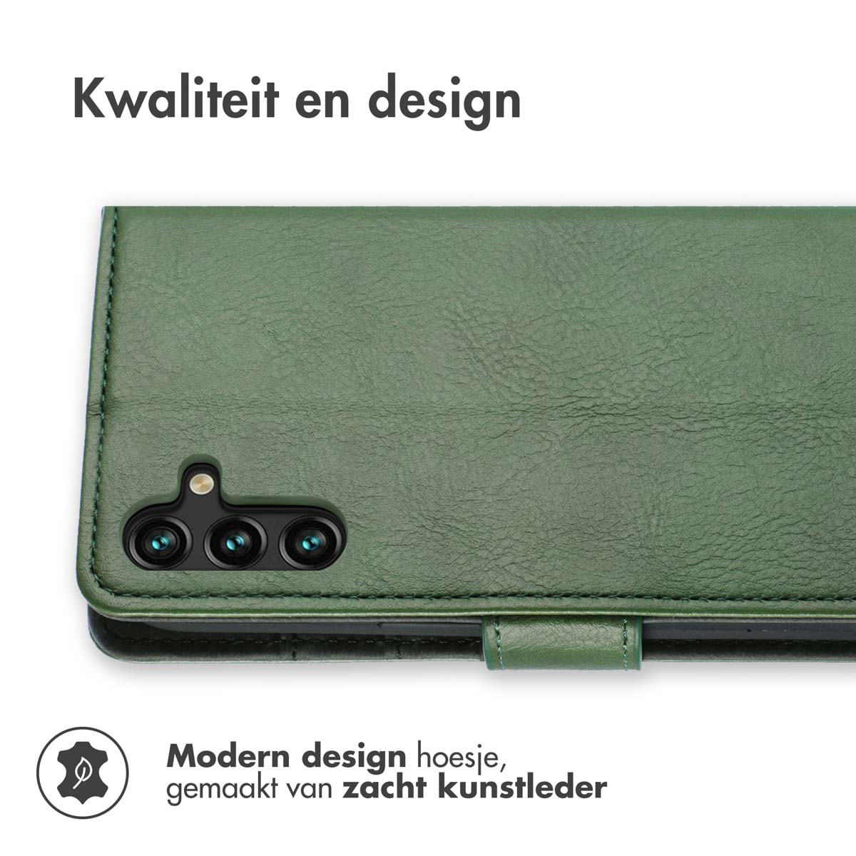 Groene telefoonhoes met cameradetail, tekst 'Kwaliteit en design' en 'Modern design hoesje, gemaakt van zacht kunstleder'.