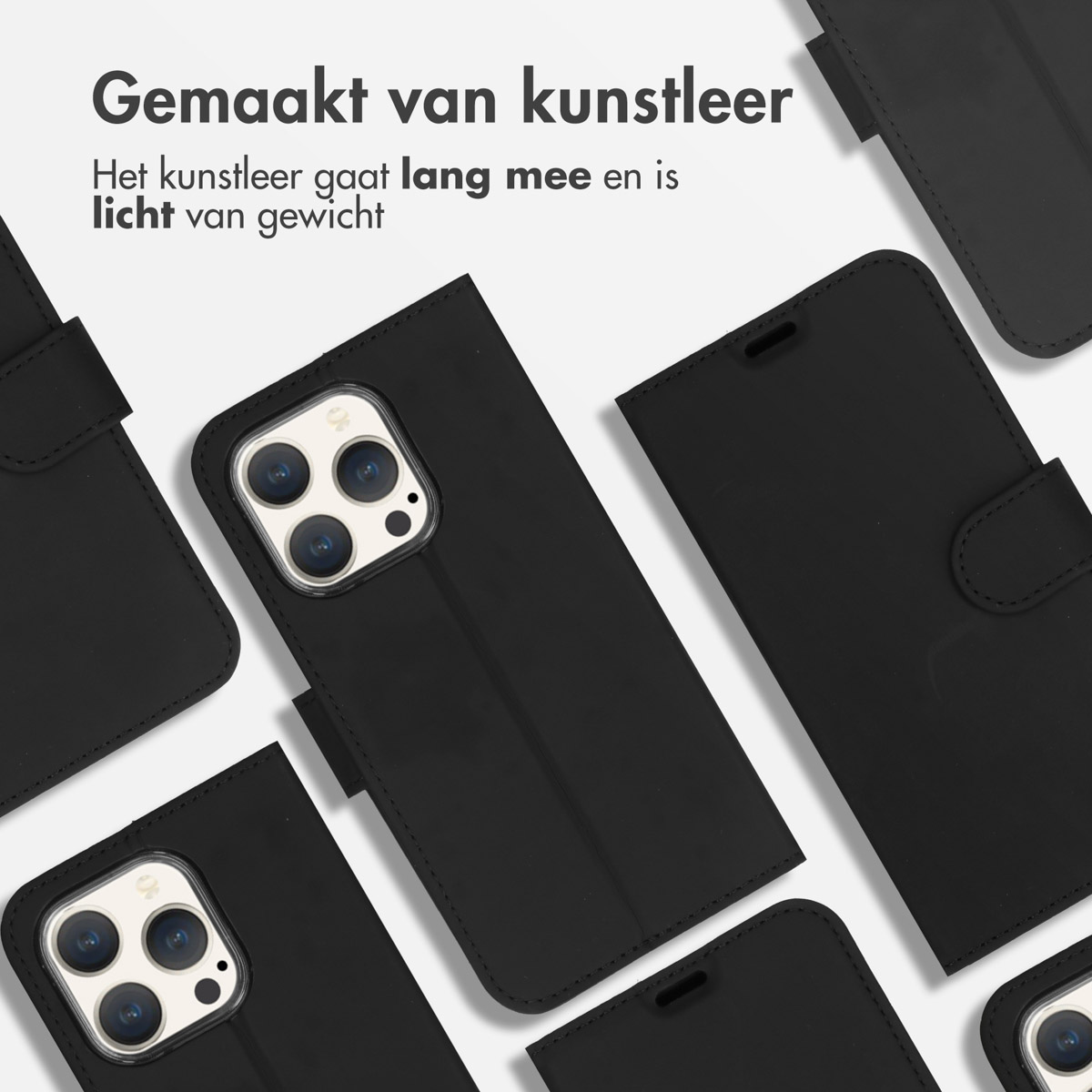 Custodie per telefono nere. Vengono visualizzate diverse custodie. Testo in alto. Custodie in pelle artificiale.