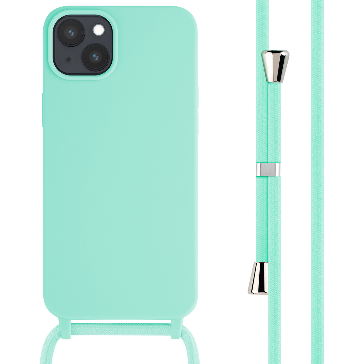 Coque vert menthe avec cordon assorti. La coque est à gauche.