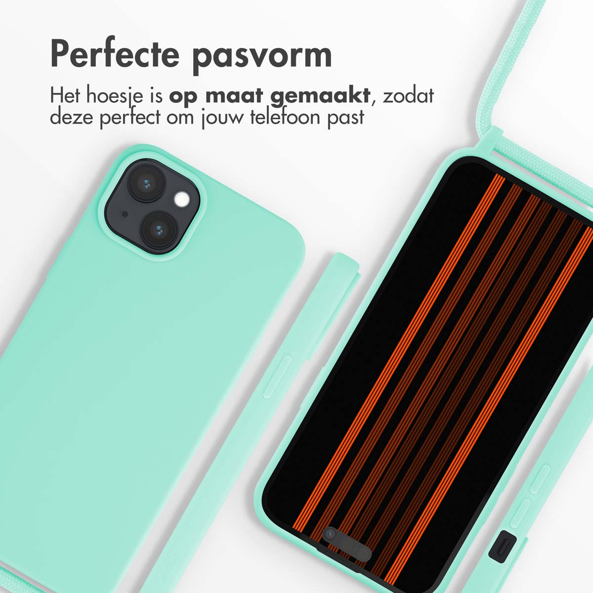 Une coque de téléphone vert clair à côté d'un téléphone affichant des rayures oranges.