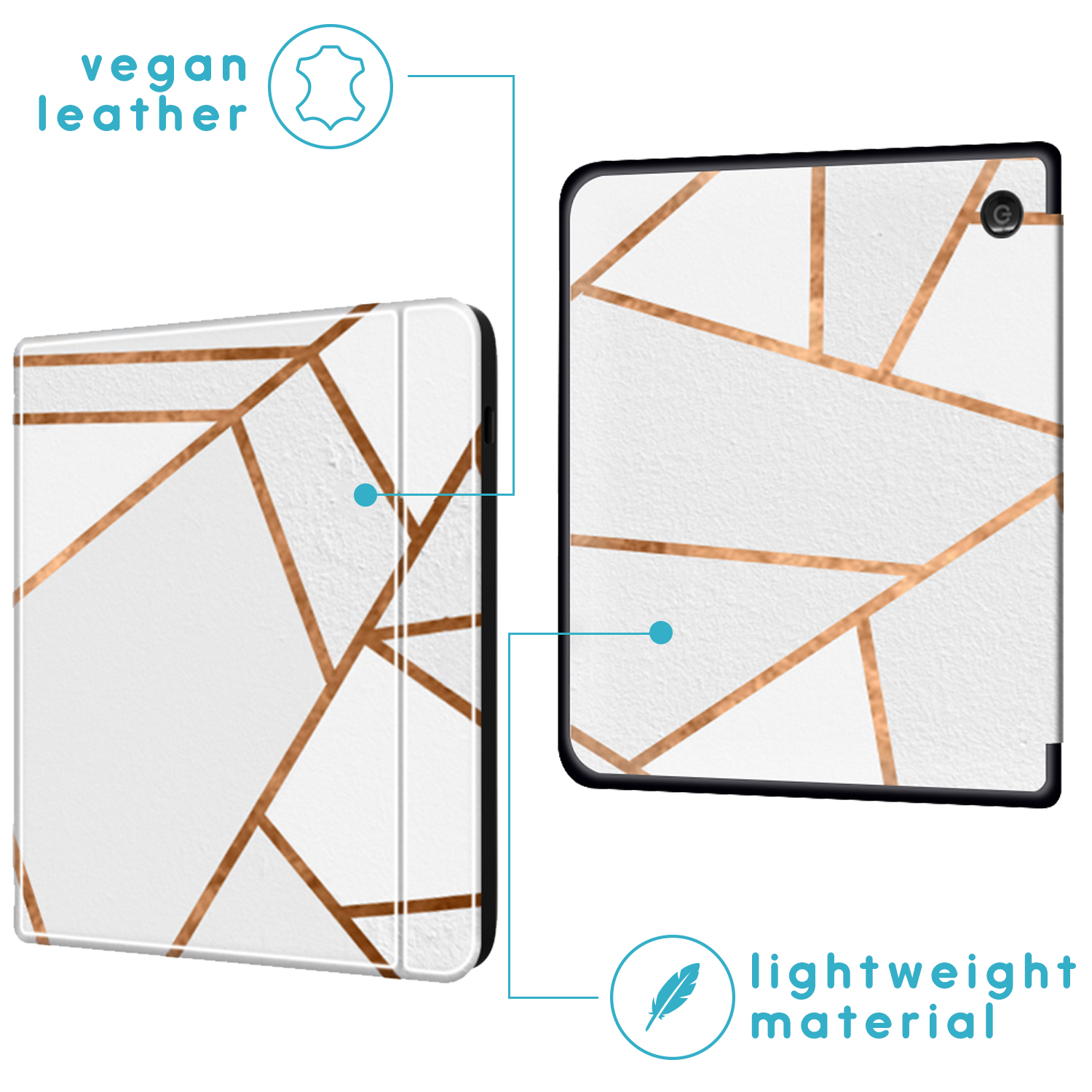 Coque blanche avec design géométrique en cuivre. Végane et légère.