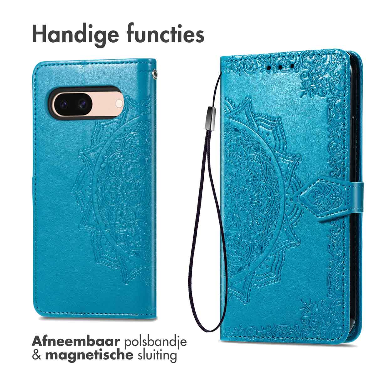 Een blauwe telefoonhoes met mandalapatroon en afneembaar polsbandje.