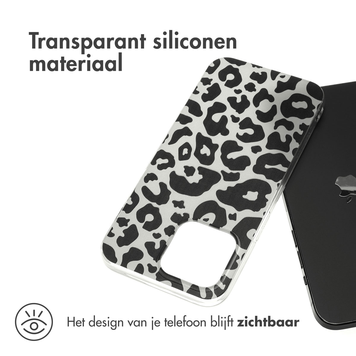 Leopardenmuster-Handyhülle auf Telefon. Text: Transparentes Silikonmaterial. Telefondesign sichtbar.