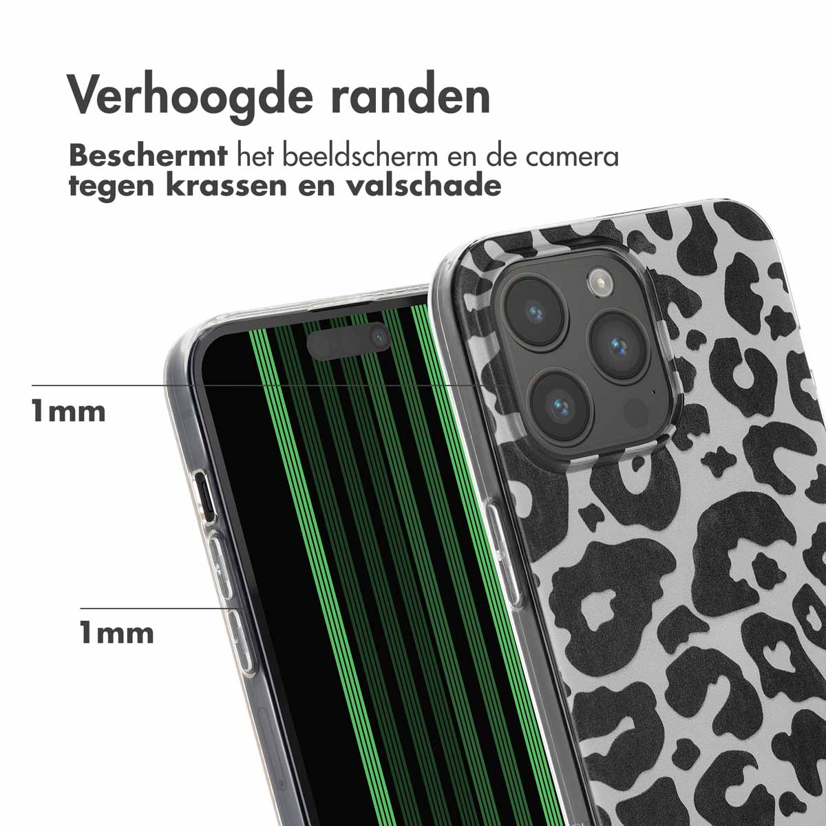 Handyhülle mit Leopardenmuster, Telefon darin. Zeigt erhöhte Kanten, die Bildschirm und Kamera schützen.