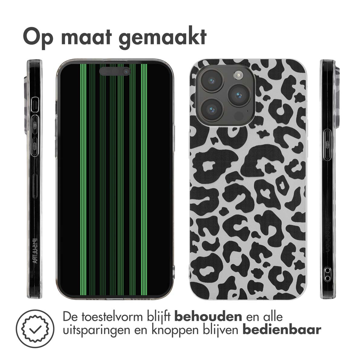 Ein Telefon mit grünen und schwarzen Streifen. Es gibt zwei Seiten eines Telefons. Eine hat Streifen, die andere Leopardenmuster.