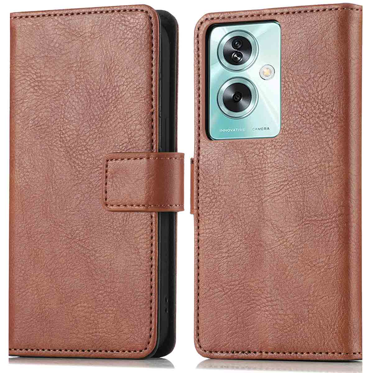 Bruin telefoonhoesje portemonnee, open. Het heeft een telefoon erin en kaartsleuven.