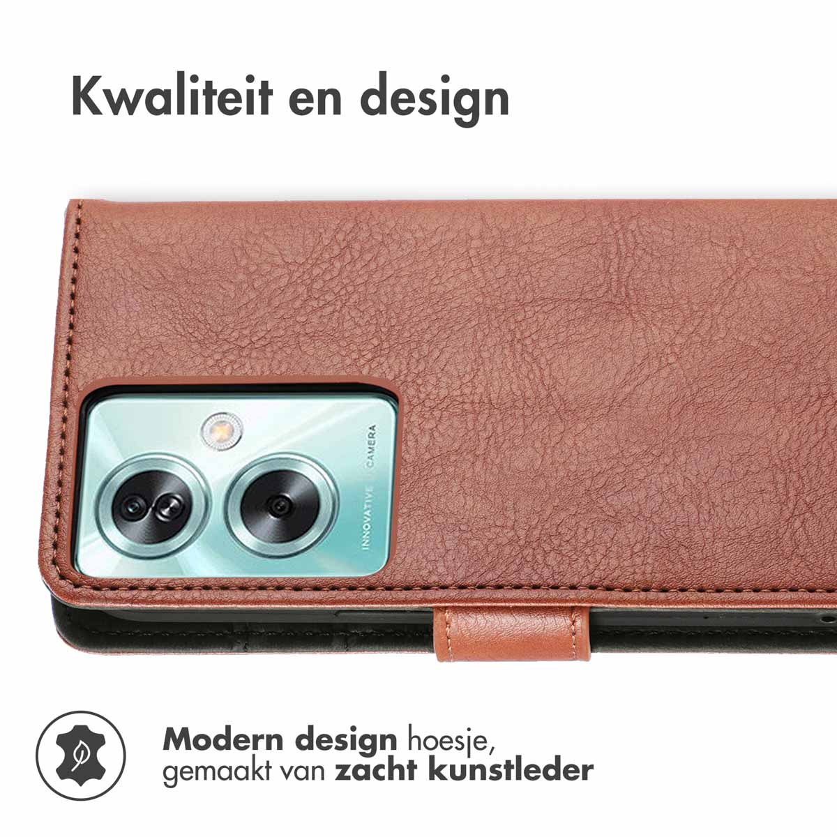 Bruine leren telefoonhoes. Modern design, gemaakt van zacht kunstleer. De telefoon zit erin.