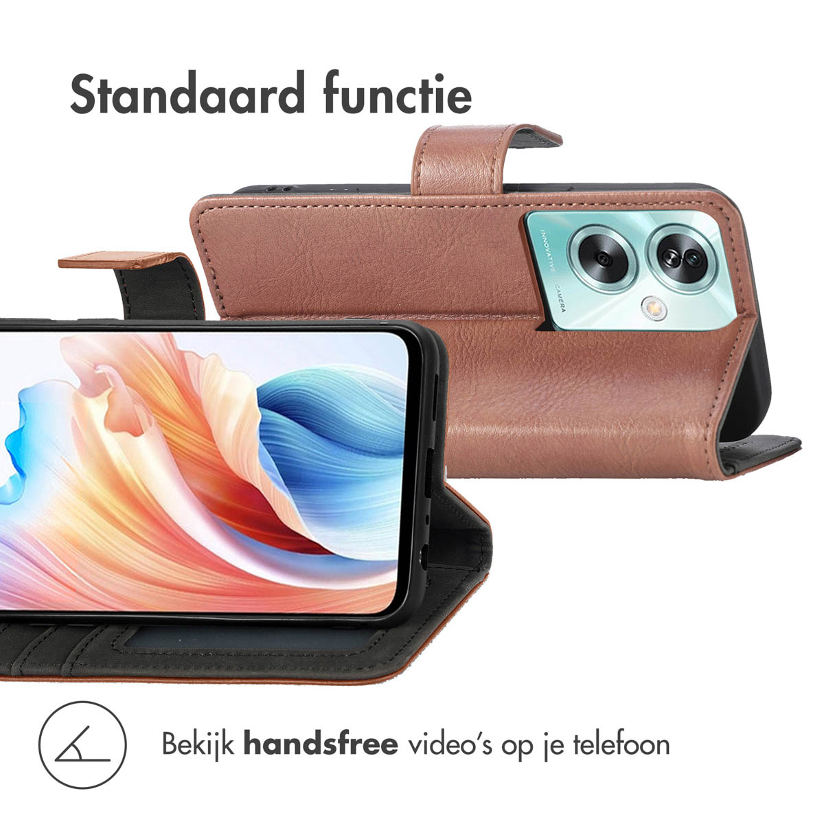 Bruin telefoon flipcase met een telefoon die een kleurrijke achtergrond toont.