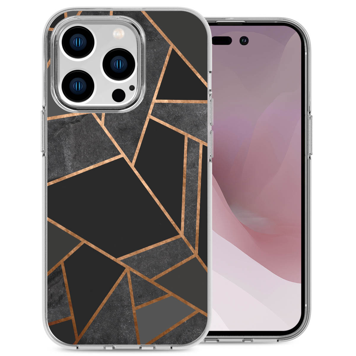Telefono in una custodia. La custodia è nera con motivi dorati. Il telefono ha fotocamere.