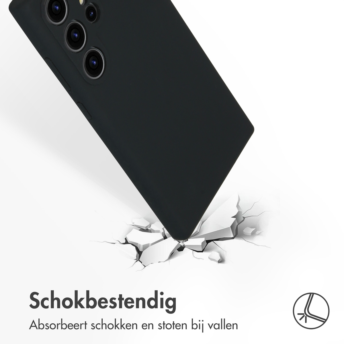 Zwarte telefoonhoes met barst-effect eronder. Tekst zegt 'Schokbestendig'.