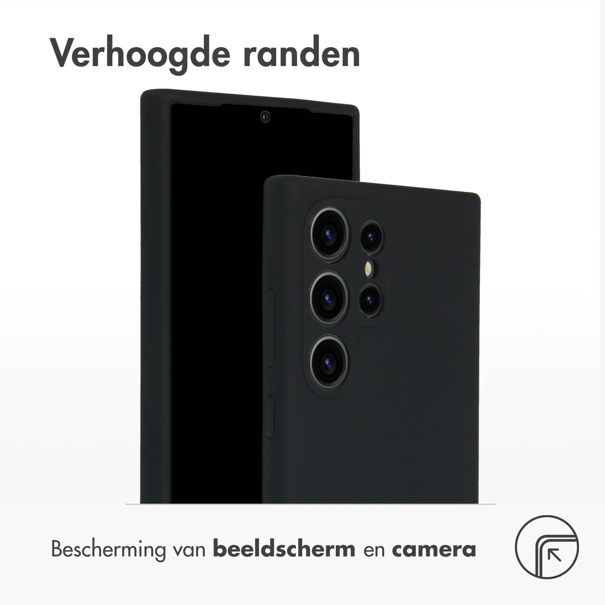 Twee zwarte telefoons, één in een hoesje, naast elkaar.