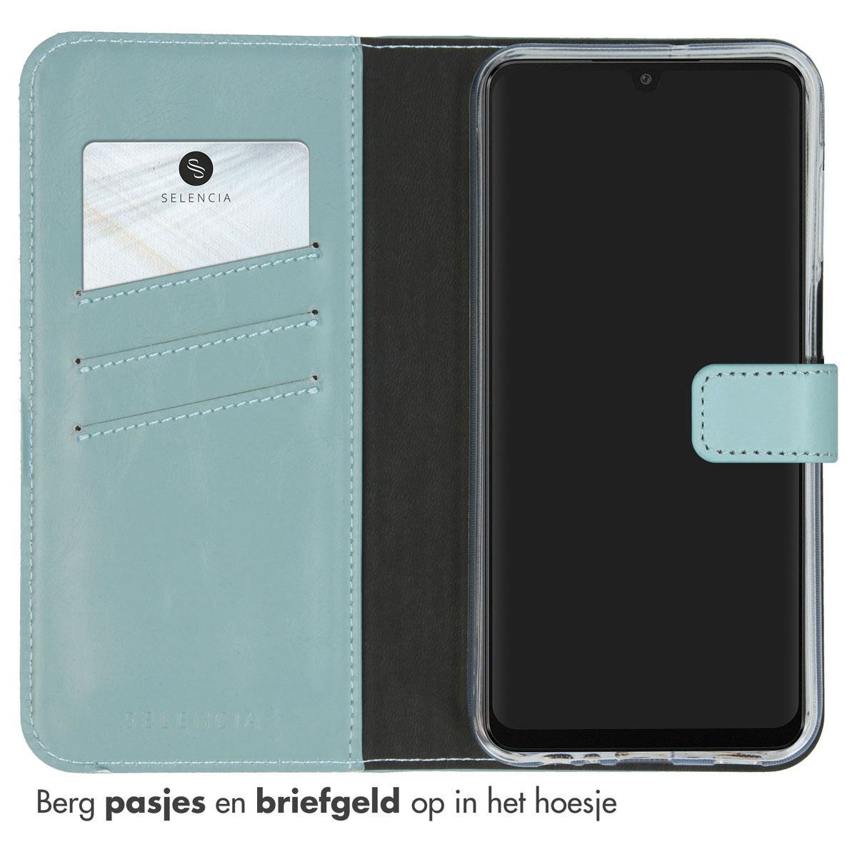 Portefeuille de téléphone bleu-vert avec une carte et un téléphone. L'étui a un bouton.