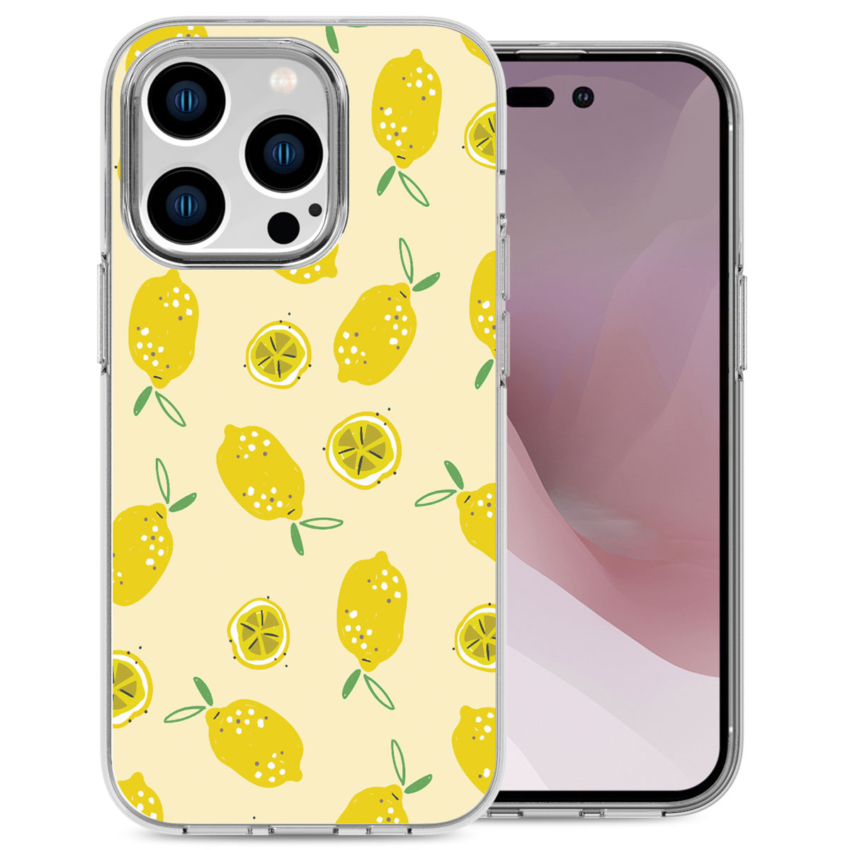iPhone con custodia a fantasia limoni. Limoni gialli su sfondo giallo.