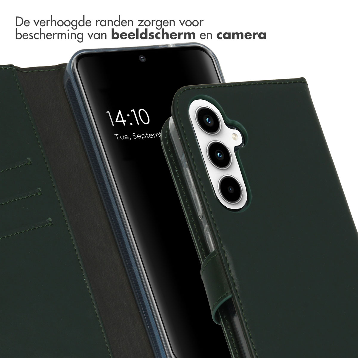 Coque de téléphone vert foncé avec un téléphone à l'intérieur. La coque est ouverte, montrant l'écran, la date et la caméra.